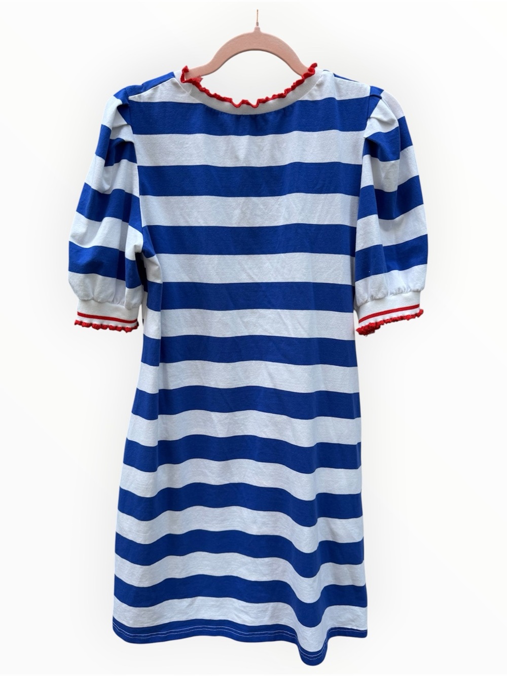 Blue White Striped Puff Sleeve Midi Dress Red Ruffle Nautical Coastal M
